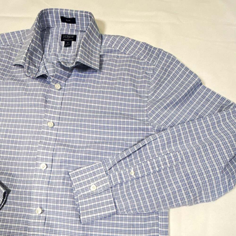 J.CREW Performance Slim Blue/White Check Cotton Long Sleeve Dress Shirt M